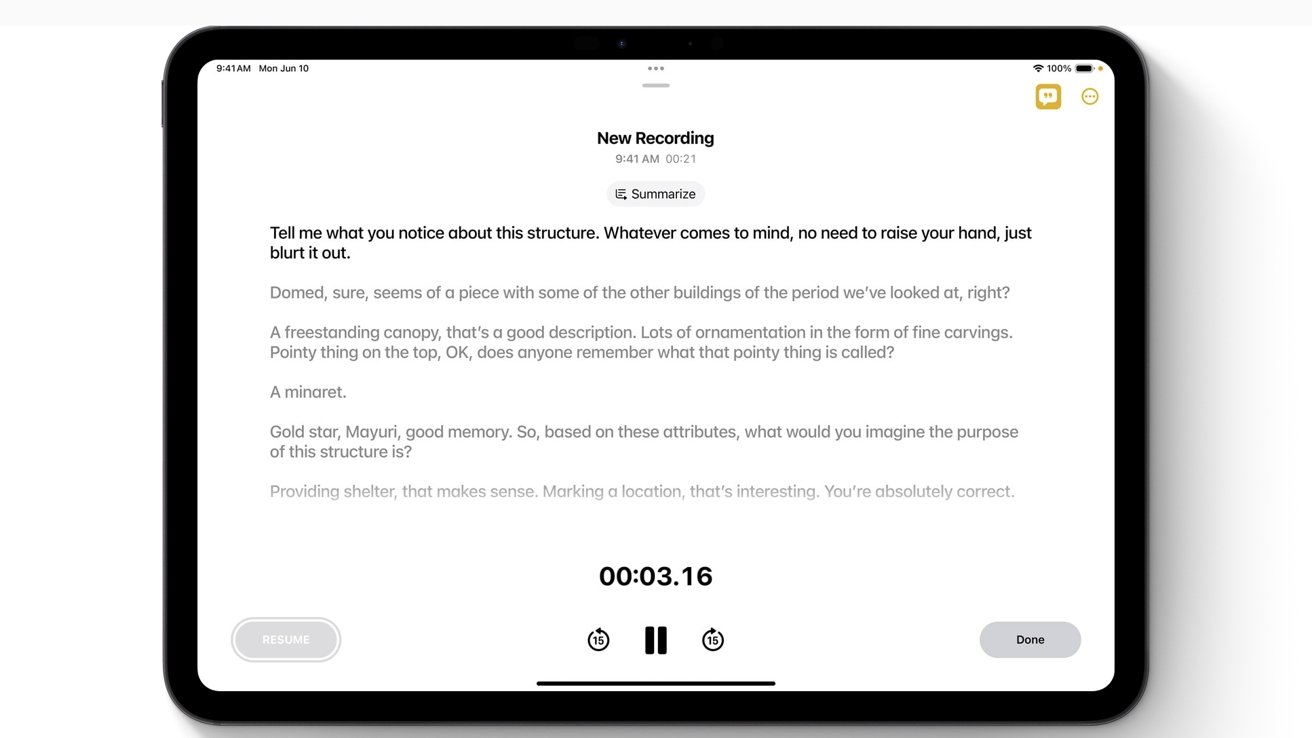 Apple Notes live audio transcription