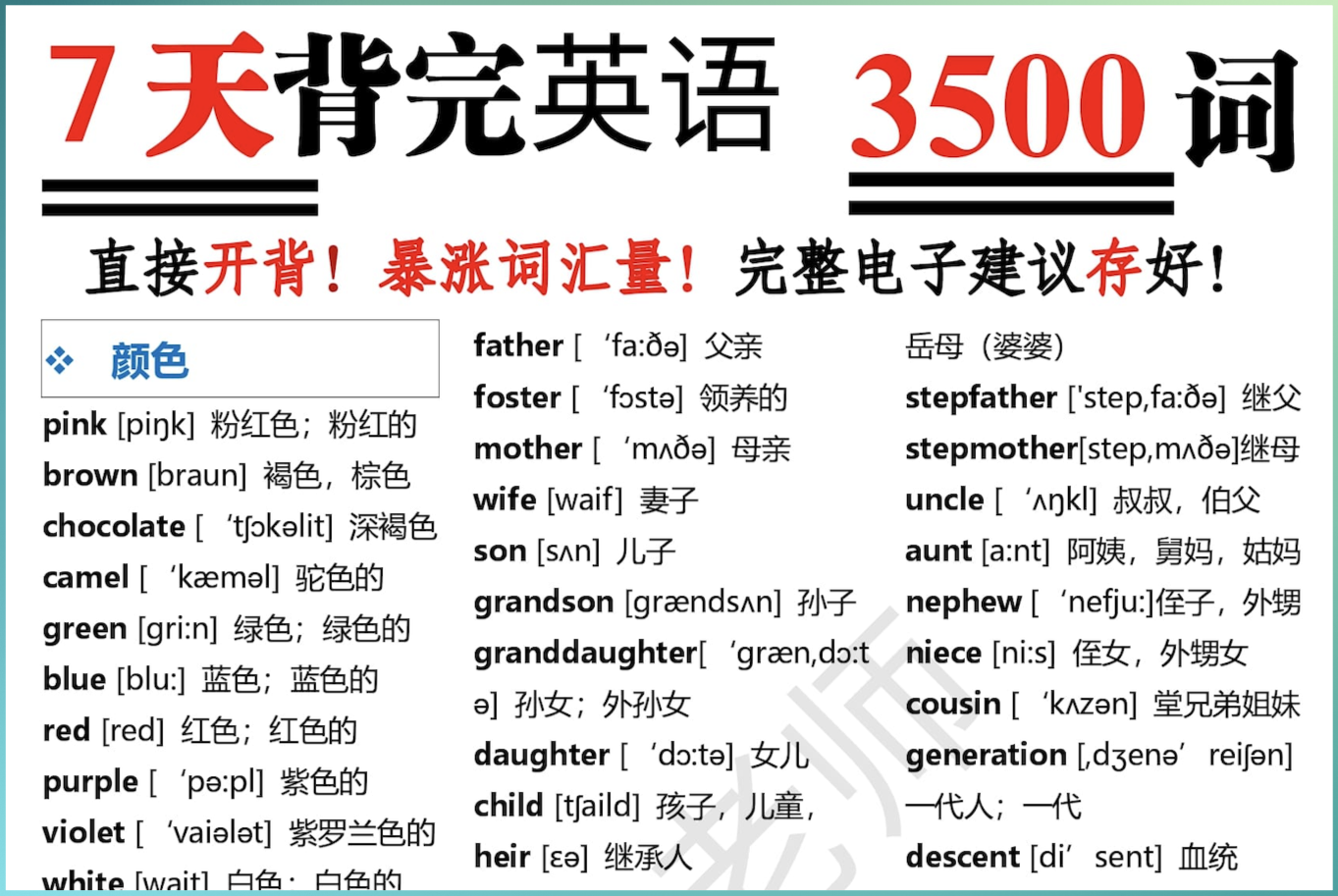 7 天背完英语 3500 词 日常阅读写作高频词 PDF 文档可下载打印