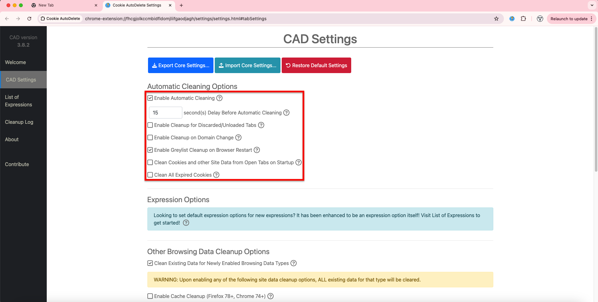 Cookie AutoDelete-Settings