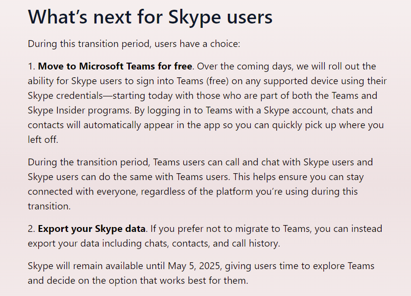 微软对于 Skype 用户对迁移至 Teams 的担忧