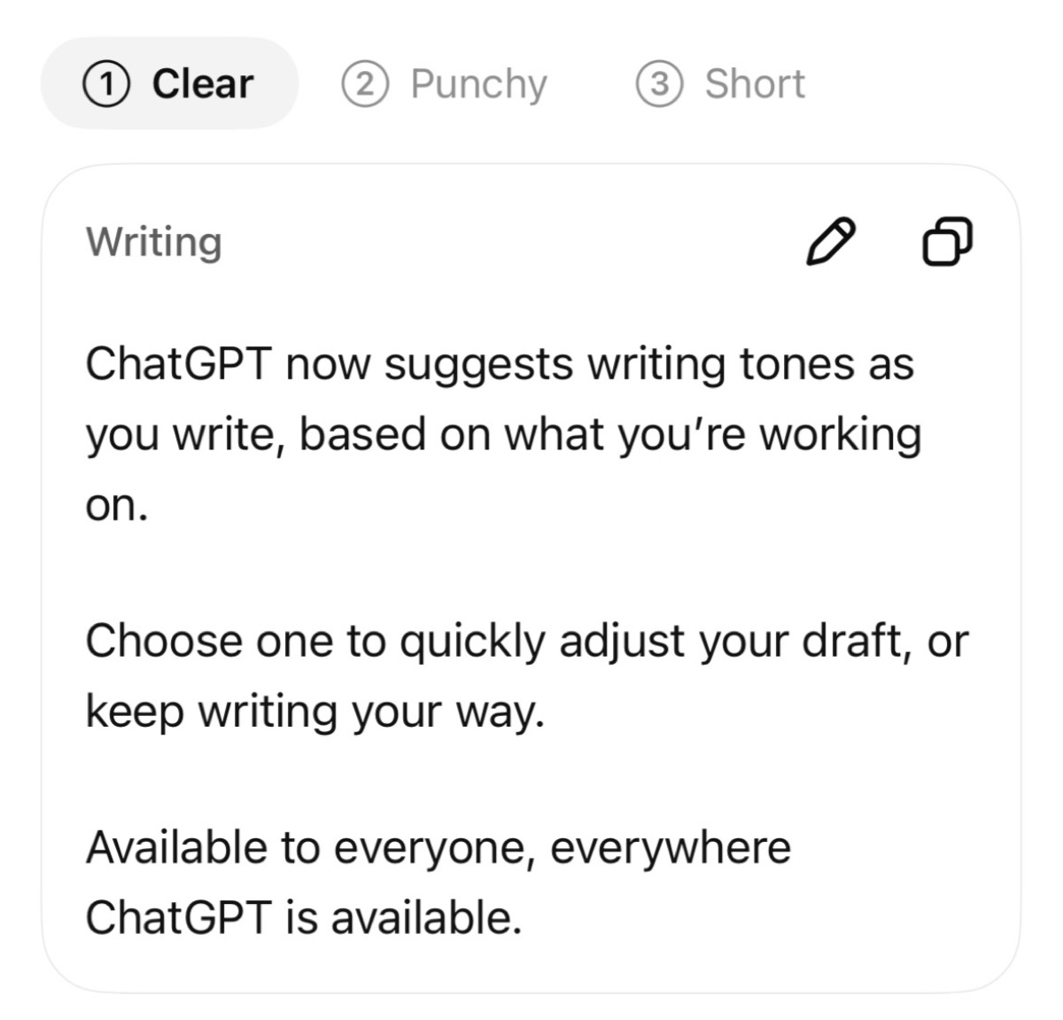 ChatGPT写作语气功能展示Clear、Punchy和Short选项