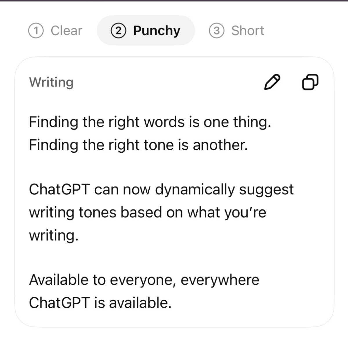 ChatGPT将同一段文字切换为Punchy写作语气的官方示例