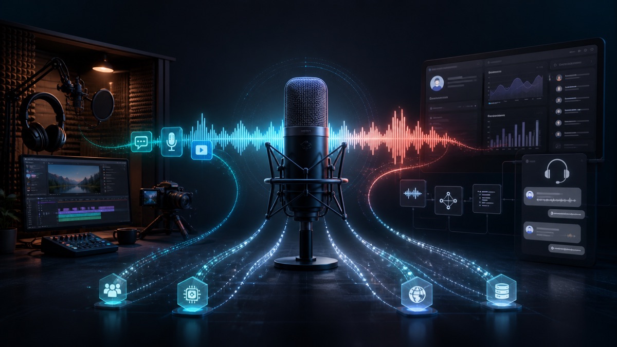 录音棚麦克风发出的AI声纹连接左侧创作者制作工具与右侧企业API和客服工作流的概念图
