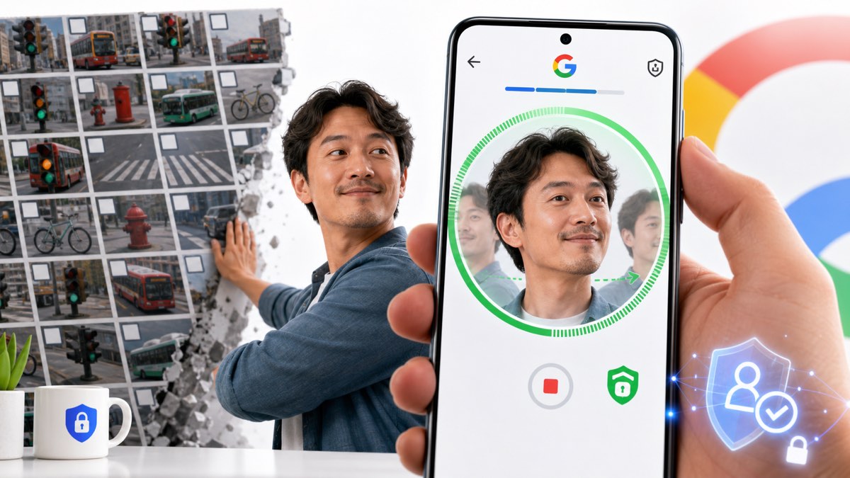用户用自拍视频恢复Google账号,身后旧式交通灯图片验证被推开的新闻概念图