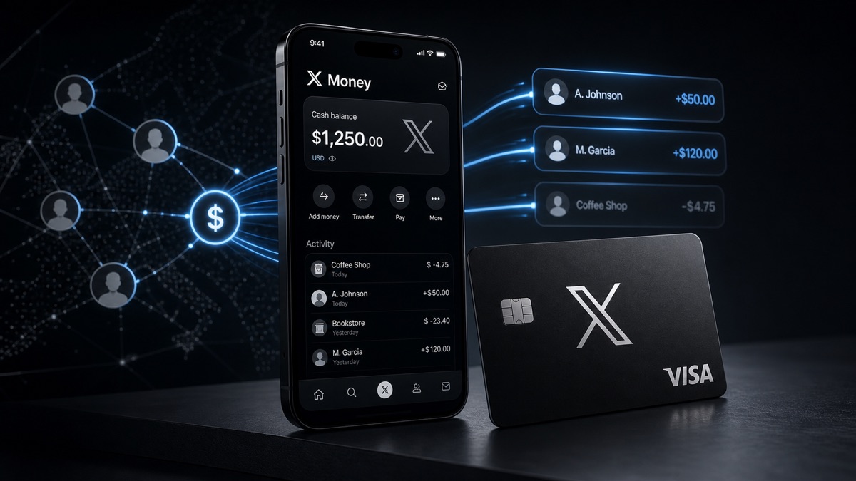 X Money把社交账号、转账账户和Visa借记卡整合到X应用中的新闻概念图