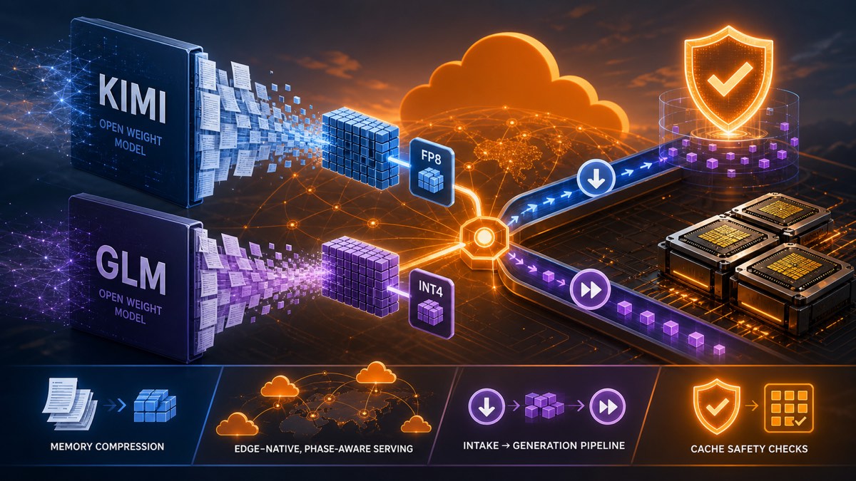 Cloudflare通过KV缓存量化、模型权重压缩和缓存完整性检查，在更少GPU上部署Kimi与GLM的新闻概念图