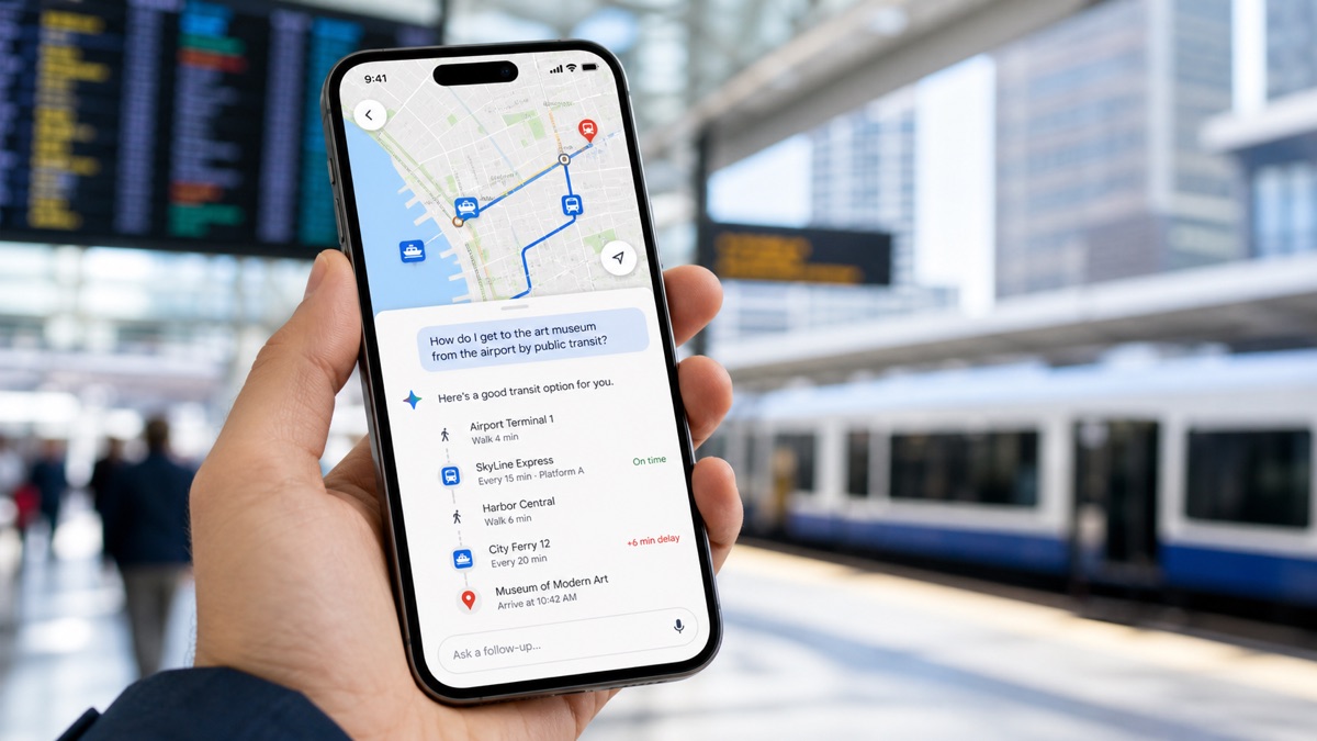 旅客在交通枢纽用手机向地图 AI 查询公共交通路线