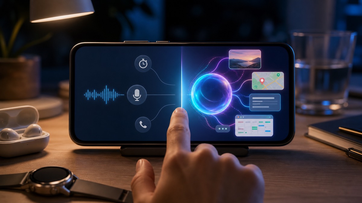 Android 手机在确定性语音命令与生成式 AI 助手之间迁移的概念图