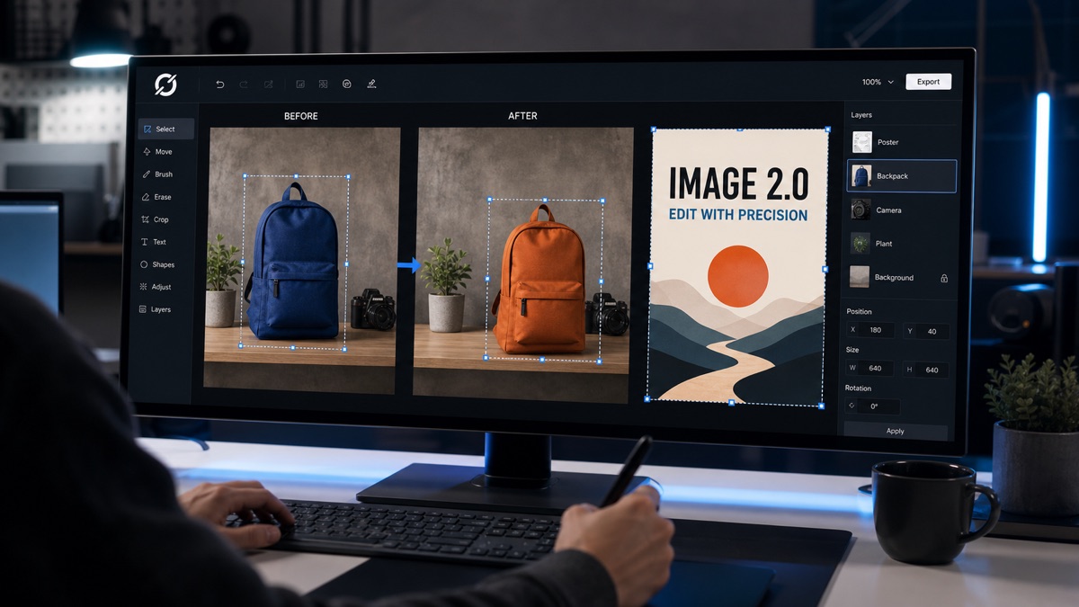 创作者在 Grok Imagine Image 2.0 画布中编辑海报文字、商品图与插画