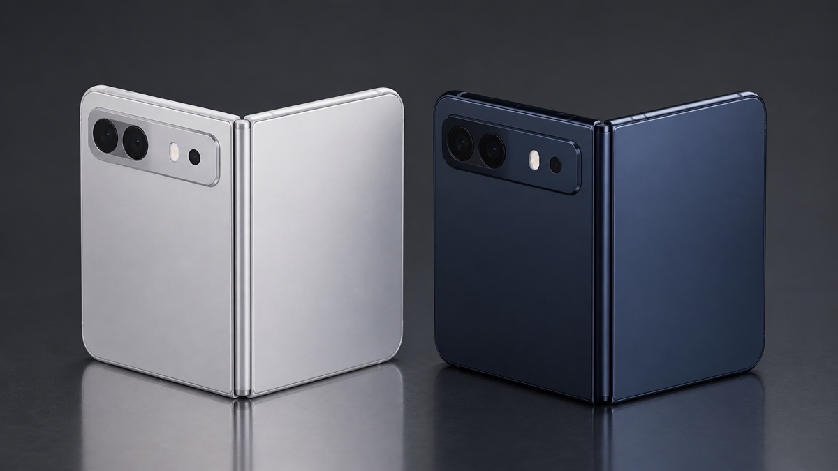 银白色与深靛蓝色折叠 iPhone 概念机并列展示