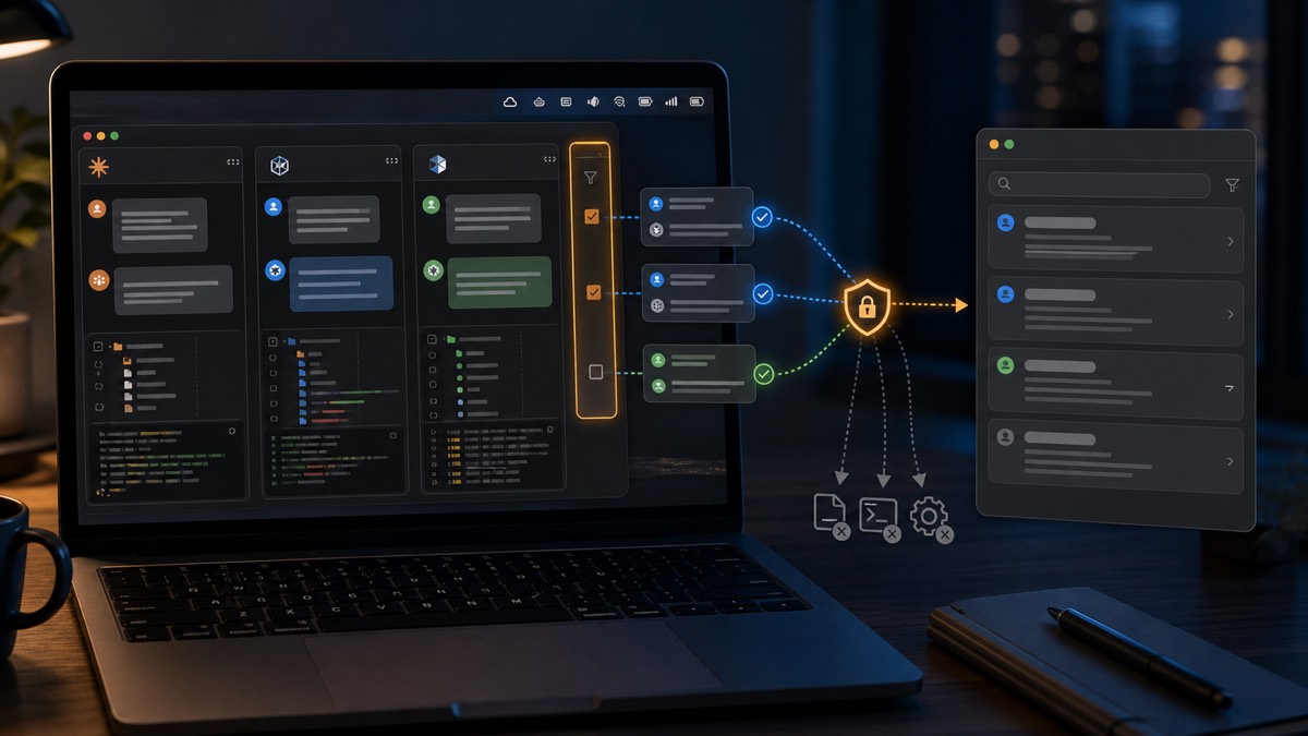 MemoryPlugin macOS 应用将经过用户选择的本地 AI 编程会话同步到统一搜索档案的概念画面