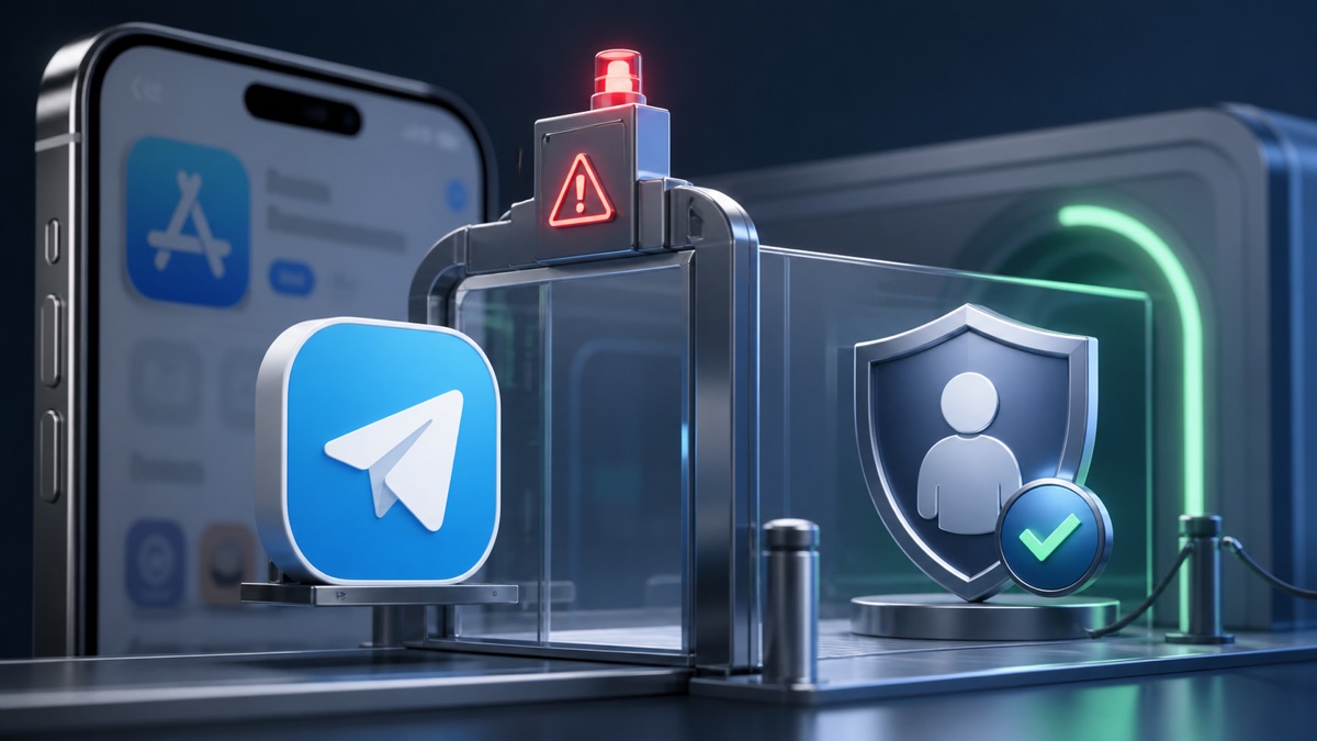 Telegram 图标停在 App Store 审核闸门前，旁边是内容安全盾牌与恢复通行信号