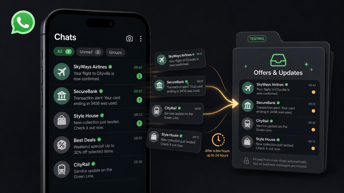 WhatsApp测试Offers & Updates文件夹，将大企业消息从主聊天列表移入独立区域的新闻概念图