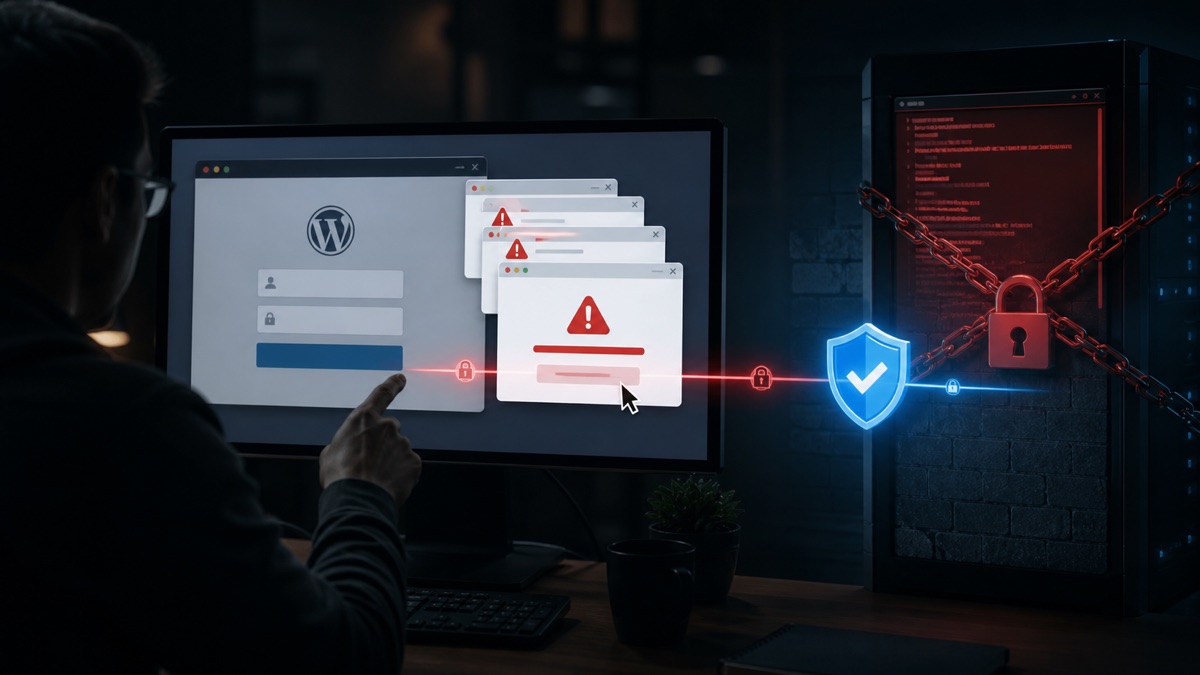 WordPress 登录页 XSS 攻击链被安全更新阻断的新闻概念图
